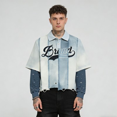 Double Layer Rhinestone Embroidered Patchwork Polo | Distressed Ripped | Custom Clothing Manufacturer