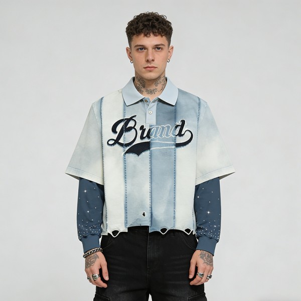 Double Layer Rhinestone Embroidered Patchwork Polo | Distressed Ripped | Custom Clothing Manufacturer