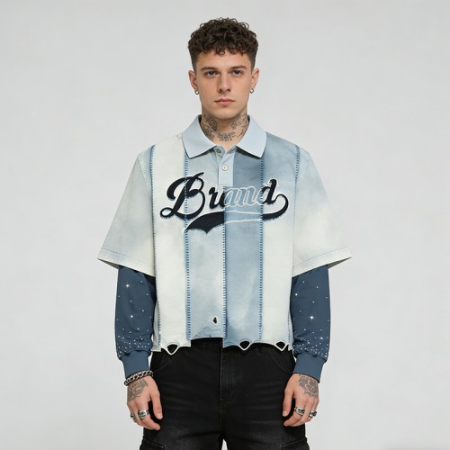 Double Layer Rhinestone Embroidered Patchwork Polo | Distressed Ripped | Custom Clothing Manufacturer