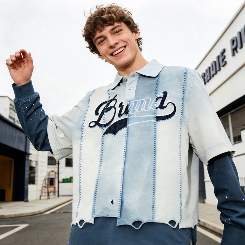 Double Layer Rhinestone Embroidered Patchwork Polo