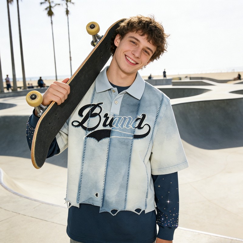 Double Layer Rhinestone Embroidered Patchwork Polo