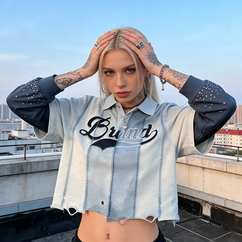 Double Layer Rhinestone Embroidered Patchwork Polo