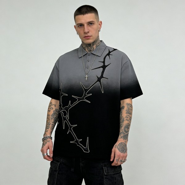 Dip Dye 3D Embroidery Polo Shirt | Gothic Thorn Pattern | Custom Streetwear Manufacturer