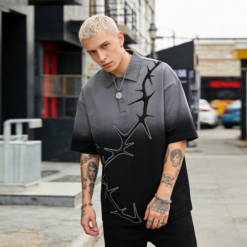 Dip Dye 3D Embroidery Polo Shirt | Gothic Thorn Pattern | Custom Streetwear Manufacturer