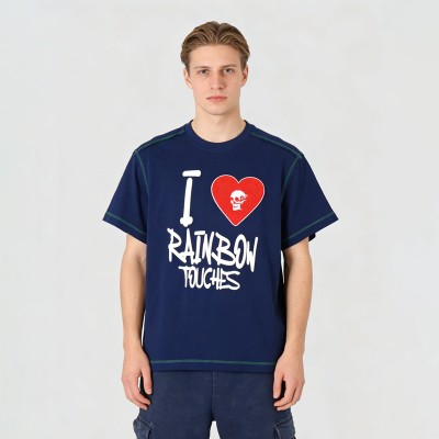 Towel Embroidery and Puff Print T-Shirt | Skull Heart Embroidery | Contrast Stitching | OEM Streetwear