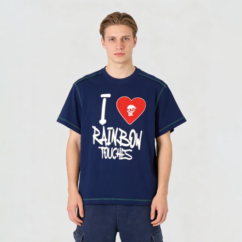 Towel Embroidery and Puff Print T-Shirt | Skull Heart Embroidery | Contrast Stitching | OEM Streetwear