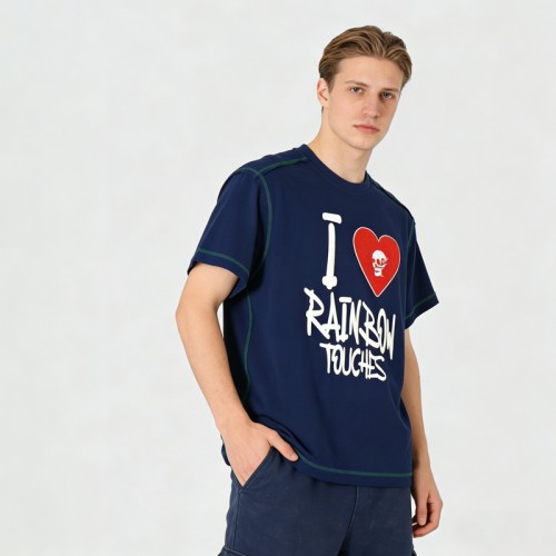 Towel Embroidery and Puff Print T-Shirt | Skull Heart Embroidery | Contrast Stitching | OEM Streetwear