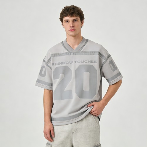 Silver Reflective Print Football Jersey | V-Neck | Oversized Fit | Custom Streetwear Manufacturer