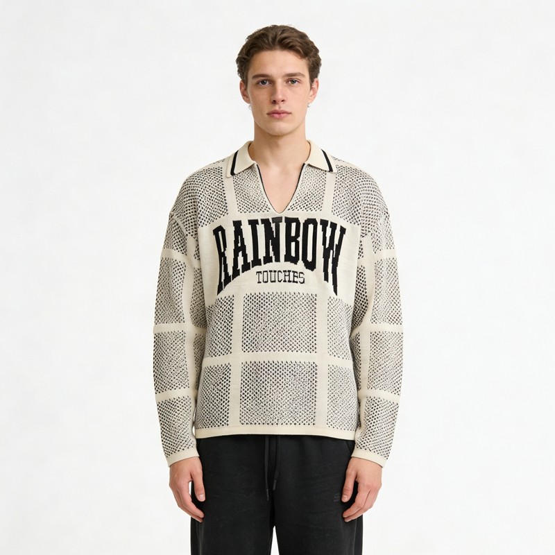 Custom Men's Knit Jacquard Grid Mesh Polo Sweater