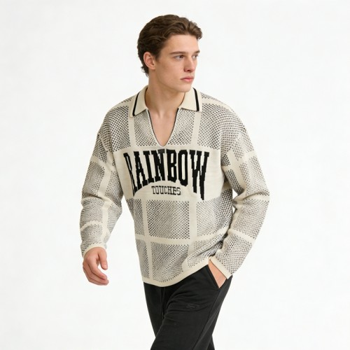 Custom Men's Knit Jacquard Grid Mesh Polo Sweater | Breathable Knit Fabric | Streetwear Manufacturer