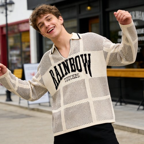 Custom Men's Knit Jacquard Grid Mesh Polo Sweater | Breathable Knit Fabric | Streetwear Manufacturer