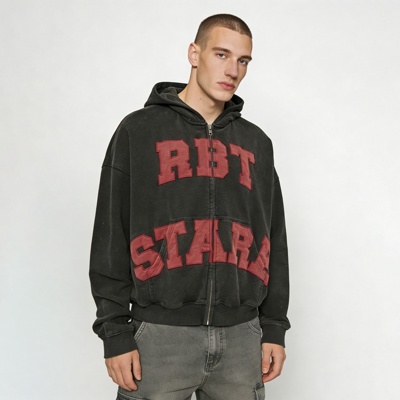 Acid Washed Appliqué Embroidery Hoodie