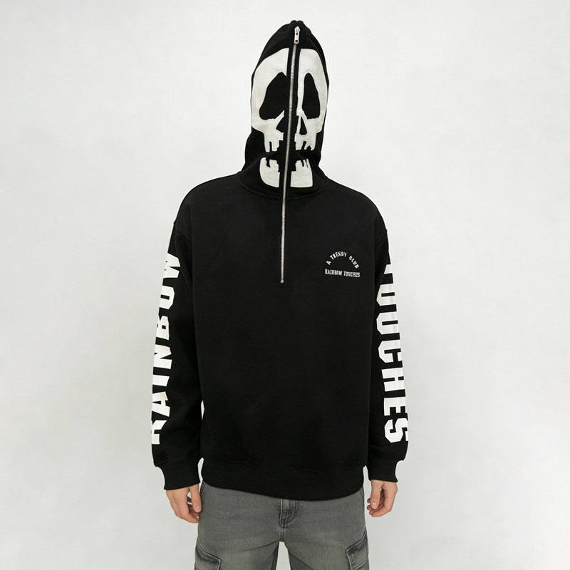 Skull Patch Embroidery Half-Zip Hoodie