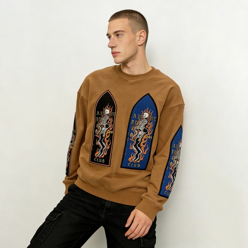 Men's Embroidered Patches Screen Print Skeleton Sweatshirt