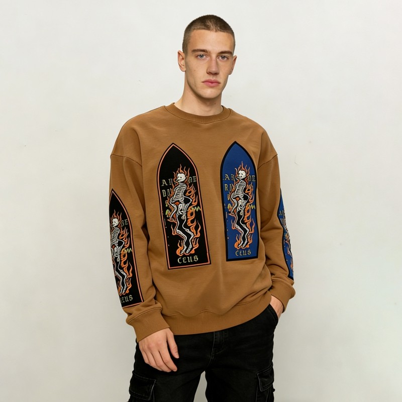 Men's Embroidered Patches Screen Print Skeleton Sweatshirt