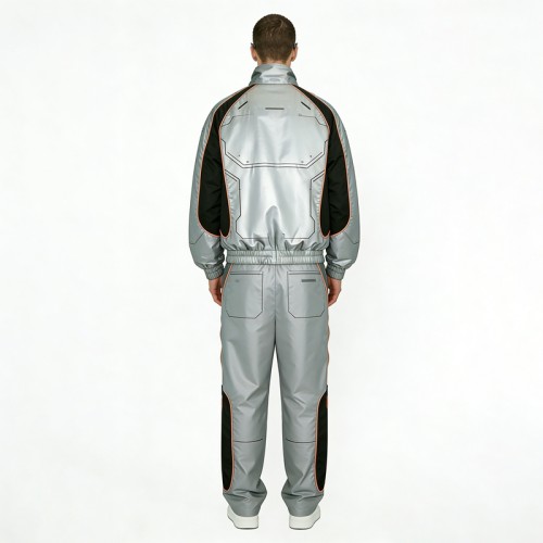 Metallic Silver Techwear Tracksuit  | Waterproof PU Coating | Geometric Panel Stitching | OEM Streetwear