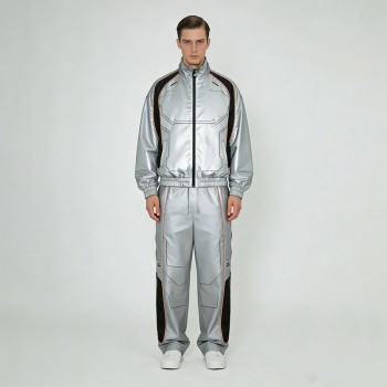 Metallic Silver Techwear Tracksuit  | Waterproof PU Coating | Geometric Panel Stitching | OEM Streetwear