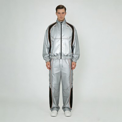 Metallic Silver Techwear Tracksuit  | Waterproof PU Coating | Geometric Panel Stitching | OEM Streetwear