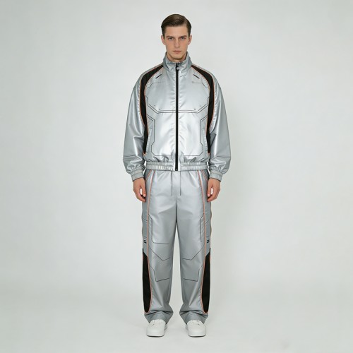 Metallic Silver Techwear Tracksuit  | Waterproof PU Coating | Geometric Panel Stitching | OEM Streetwear