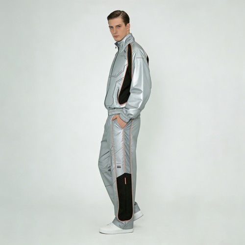 Metallic Silver Techwear Tracksuit  | Waterproof PU Coating | Geometric Panel Stitching | OEM Streetwear