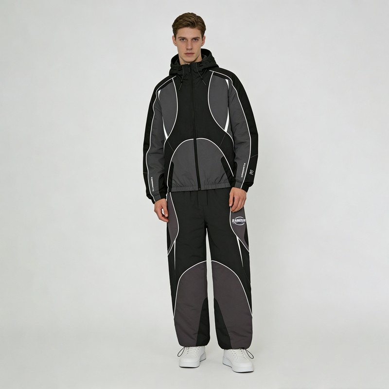 Silk Screen Print and Embroidered Color Block Hooded Tracksuits