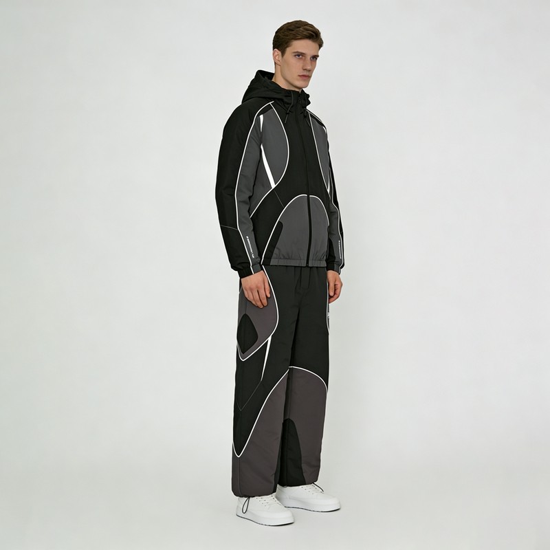Silk Screen Print and Embroidered Color Block Hooded Tracksuits