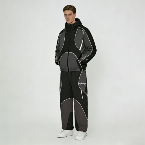 Silk Screen Print and Embroidered Color Block Hooded Tracksuits | Water-Resistant Nylon Blend | OEM Streetwear