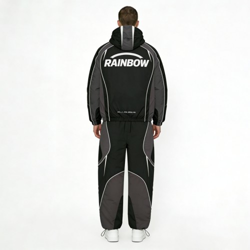 Silk Screen Print and Embroidered Color Block Hooded Tracksuits | Water-Resistant Nylon Blend | OEM Streetwear