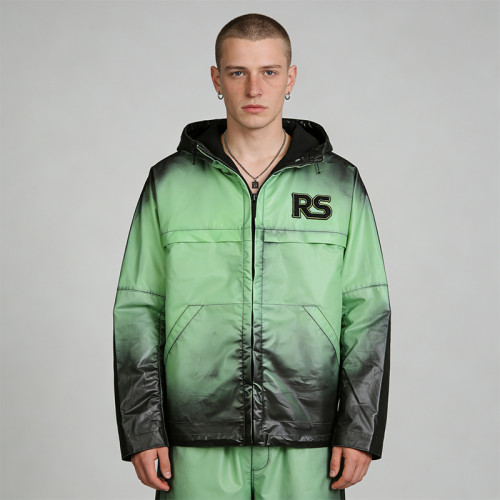 Gradient Spray Dye Embroidered Hooded Windbreaker | Waterproof Lightweight Nylon Streetwear | OEM Streetwear