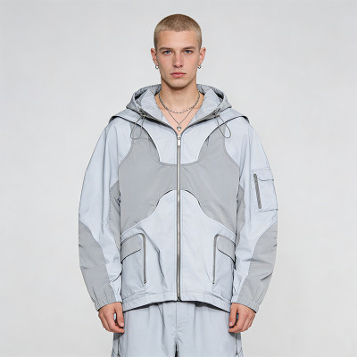 Men's Nylon Patchwork Hooded Jacket | Multi-Pocket Streetwear Outdoor | OEM Streetwear