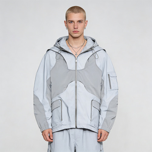 Men's Nylon Patchwork Hooded Jacket | Multi-Pocket Streetwear Outdoor | OEM Streetwear