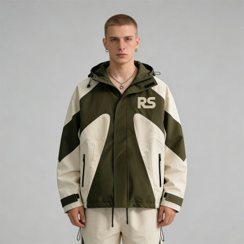 Men's Color Block Patchwork Nylon Jacket | Screen Print | Hooded Windbreaker Outdoor Streetwear | OEM Streetwear