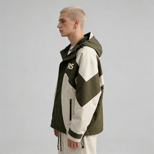 Men's Color Block Patchwork Nylon Jacket | Screen Print | Hooded Windbreaker Outdoor Streetwear | OEM Streetwear