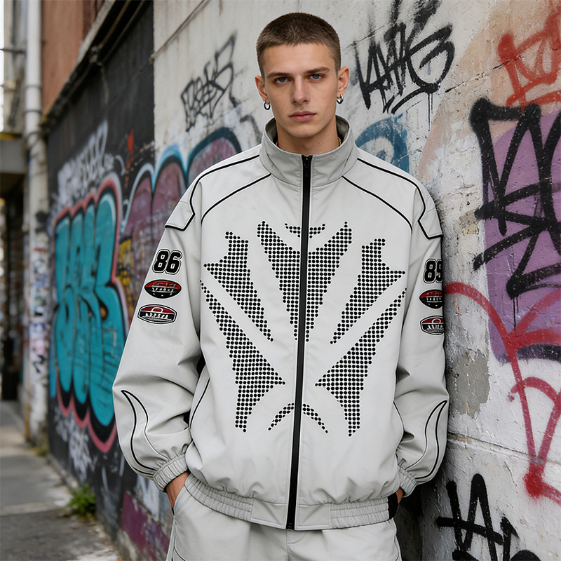 Men's Nylon Screen Print and Applique Embroidered Racing Jacket