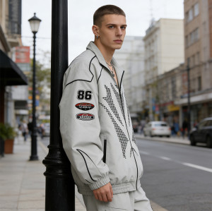 Men's Nylon Screen Print and Applique Embroidered Racing Jacket | Lightweight Streetwear | OEM Streetwear