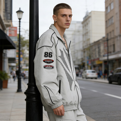 Men's Nylon Screen Print and Applique Embroidered Racing Jacket | Lightweight Streetwear | OEM Streetwear