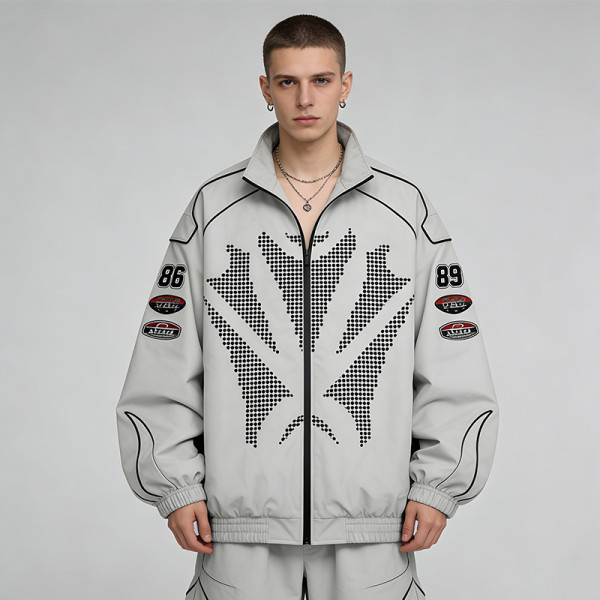 Men's Nylon Screen Print and Applique Embroidered Racing Jacket | Lightweight Streetwear | OEM Streetwear