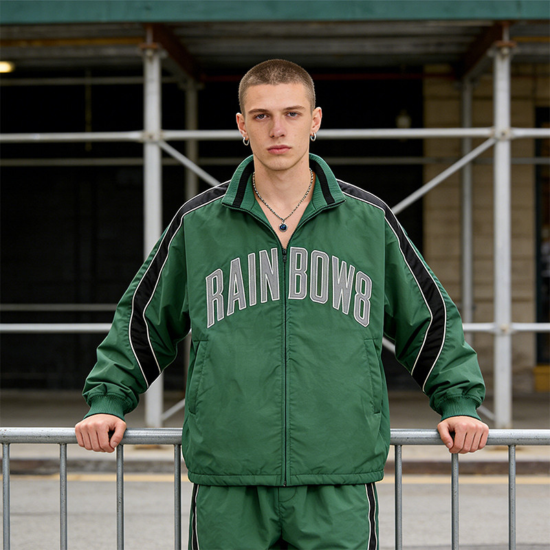 Men's Nylon Applique Patchwork Hooded Jacket