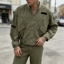 Snow Wash Zip Accent Jacket Cargo Pants Set | Vintage Washed Cotton | Multi-Pocket Streetwear | OEM Streetwear