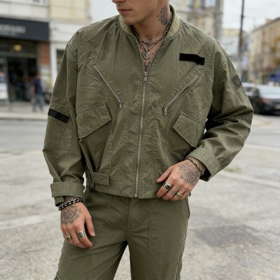 Snow Wash Zip Accent Jacket Cargo Pants Set | Vintage Washed Cotton | Multi-Pocket Streetwear | OEM Streetwear