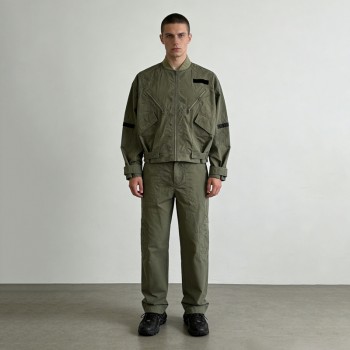 Snow Wash Zip Accent Jacket Cargo Pants Set | Vintage Washed Cotton | Multi-Pocket Streetwear | OEM Streetwear