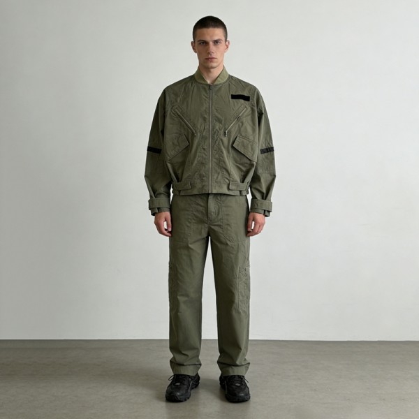 Snow Wash Zip Accent Jacket Cargo Pants Set | Vintage Washed Cotton | Multi-Pocket Streetwear | OEM Streetwear