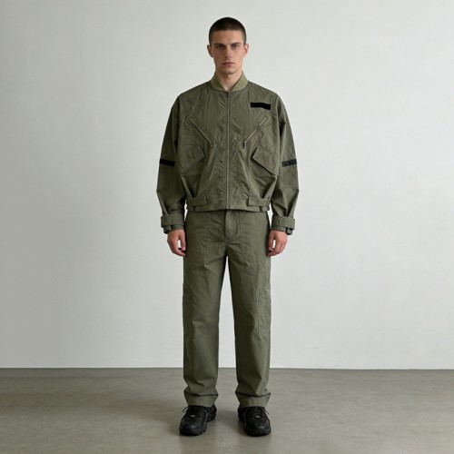 Snow Wash Zip Accent Jacket Cargo Pants Set | Vintage Washed Cotton | Multi-Pocket Streetwear | OEM Streetwear