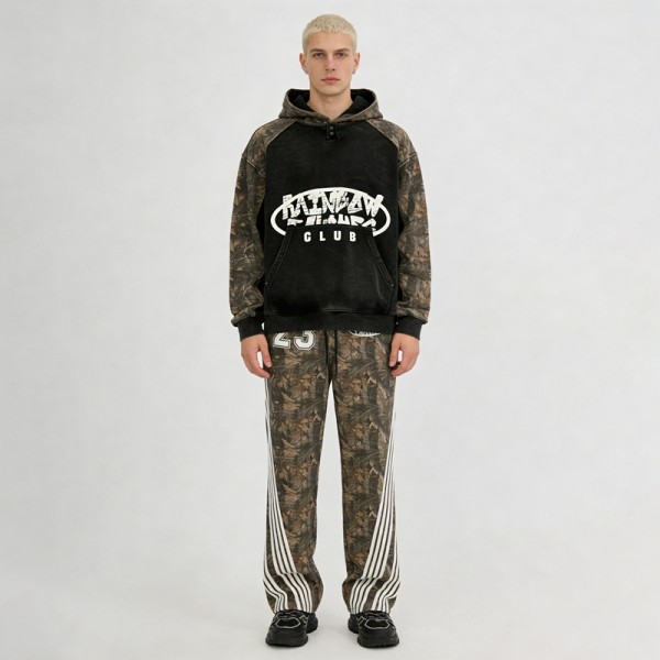 Men's Camo Paneling and Screen Print 3D Embroidery Tracksuit | Durable Streetwear | Custom Streetwear Manufacturer