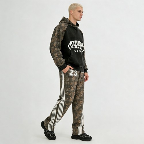 Men's Camo Paneling and Screen Print 3D Embroidery Tracksuit | Durable Streetwear | Custom Streetwear Manufacturer
