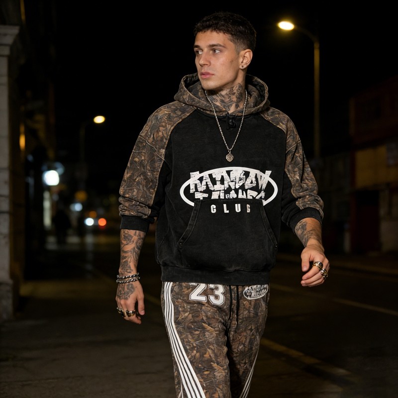 Men's Camo Paneling and Screen Print 3D Embroidery Tracksuit
