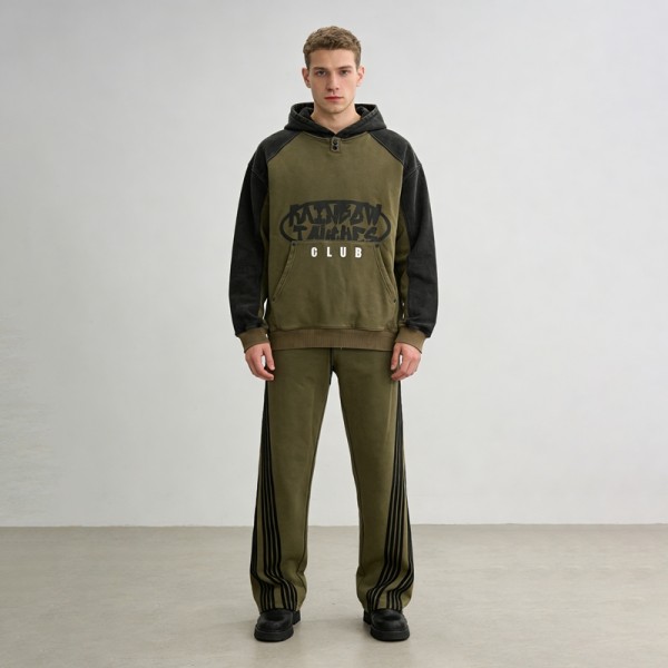 Olive Snow Wash Raglan Tracksuit | Screen Print and 3D Embroidery | Custom Streetwear Manufacturer