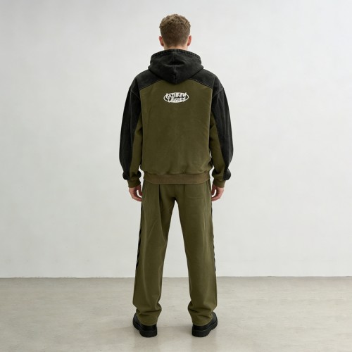 Olive Snow Wash Raglan Tracksuit | Screen Print and 3D Embroidery | Custom Streetwear Manufacturer