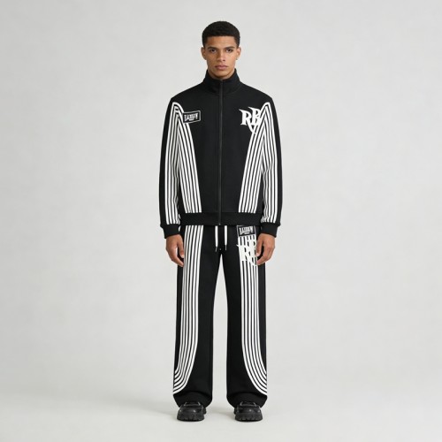 Custom Men's Patch Embroidered Striped Tracksuits | Cotton Blend | Custom Streetwear Manufacturer