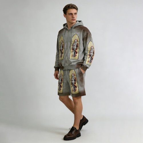 Spray Dye Embroidery Skeleton Tracksuit | Zip Up Hoodie and Shorts | Heavyweight Streetwear | Streetwear Manufacturer